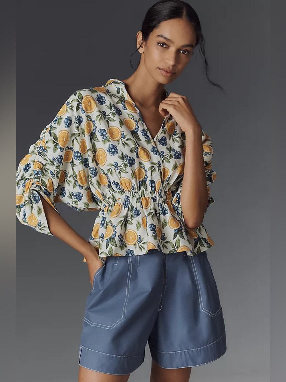 Anthropologie Maeve Short Sleeve Ruched Peplum Sleeve Lemon Blueberry Top